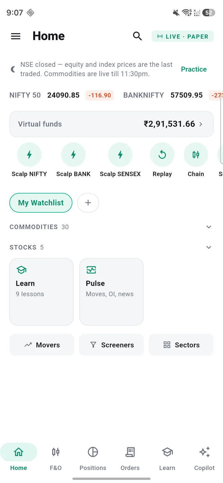 Home screen with live index prices and virtual funds