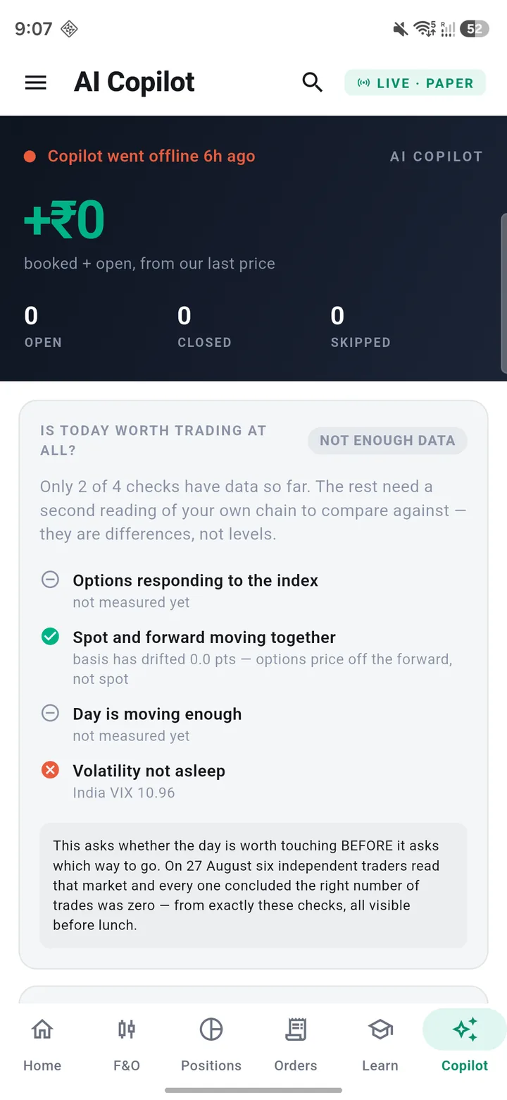 AI Copilot tab showing whether the day is worth trading, with every decision including the ones we skipped